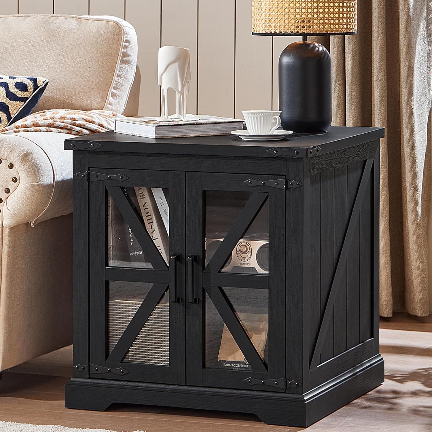 24" End Table with Charging Station, Farmhouse Night Stand with Glass Barn Door, Black Nightstands