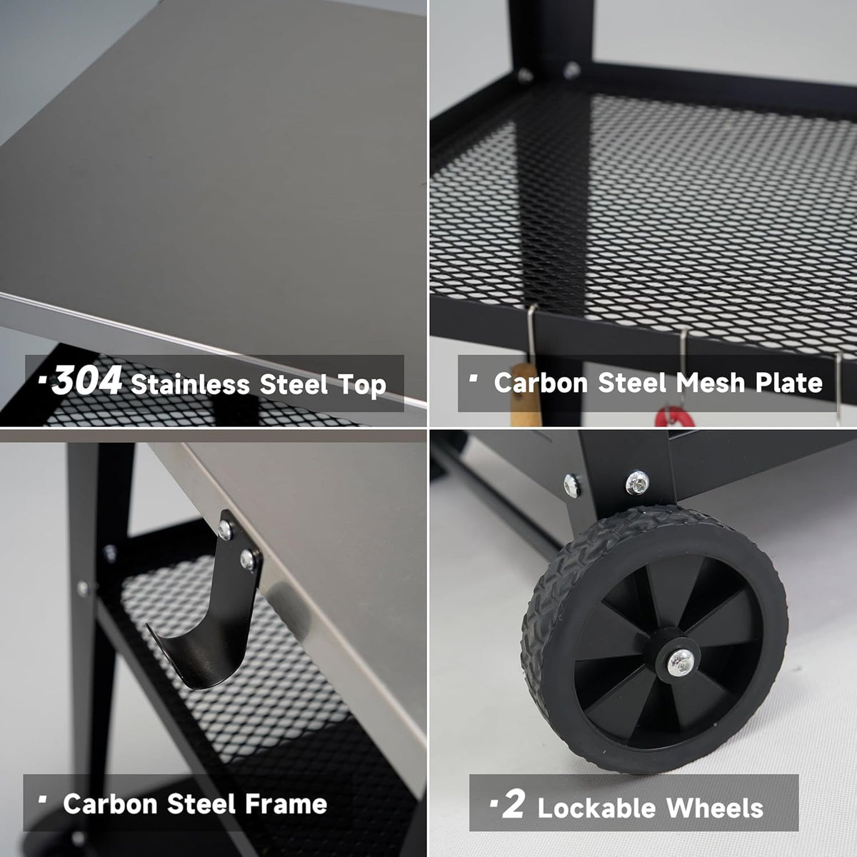 Stainless Steel Outdoor Grill Cart with Wheels, Heavy-Duty 3-Tier BBQ Prep Table for Pizza Oven