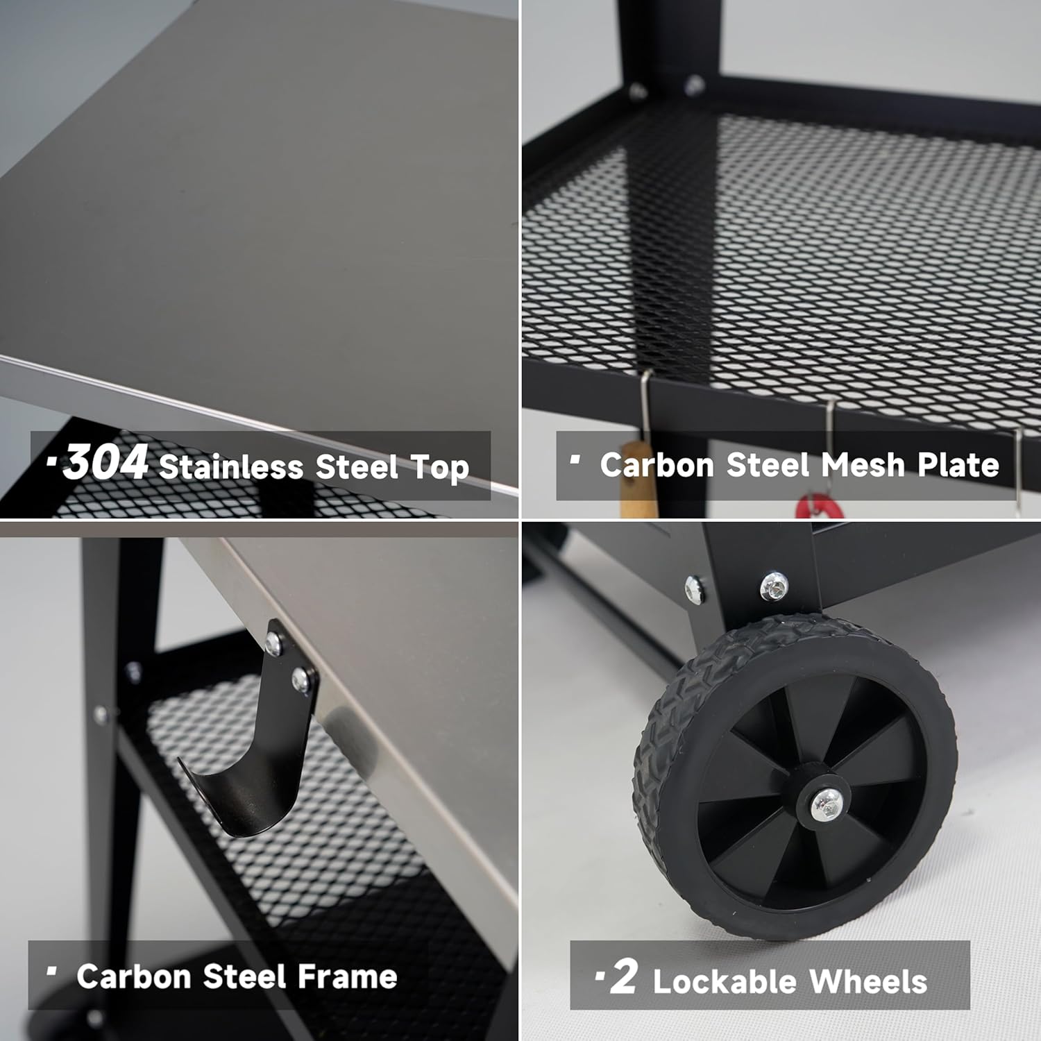 Stainless Steel Outdoor Grill Cart with Wheels, Heavy-Duty 3-Tier BBQ Prep Table for Pizza Oven