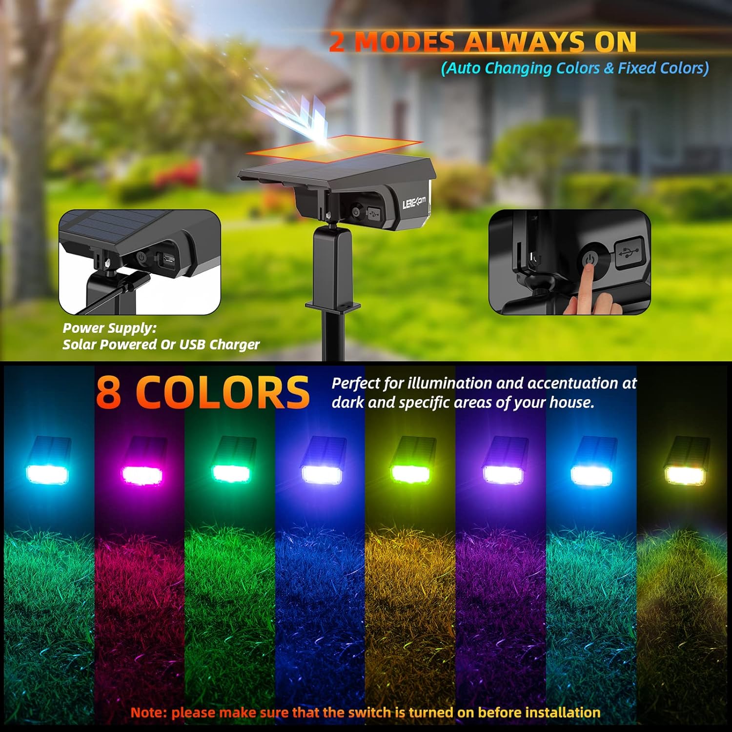 Solar Outdoor,40 LEDs Color Changing RGB Solar Landscape Path Lights,USB & Solar Powered
