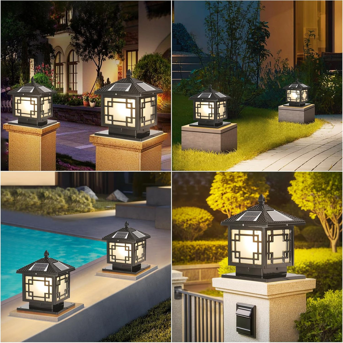 SLAWA 9.8In Solar Lighting Lantern Outdoor Post Caps Light with Solar Powered LED Column Lamp Black