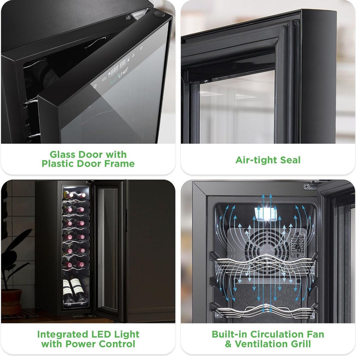 NutriChef Single-Zone Wine Cooler & Chiller – Digital Touch Control, Airtight Seal, 14-Bottle