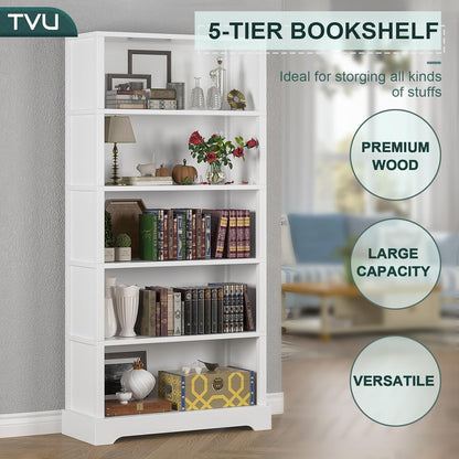 TVU 5-Shelf Wood Bookcase, 65 Inch Tall Bookshelf with Storage, Floor Standing Display Book