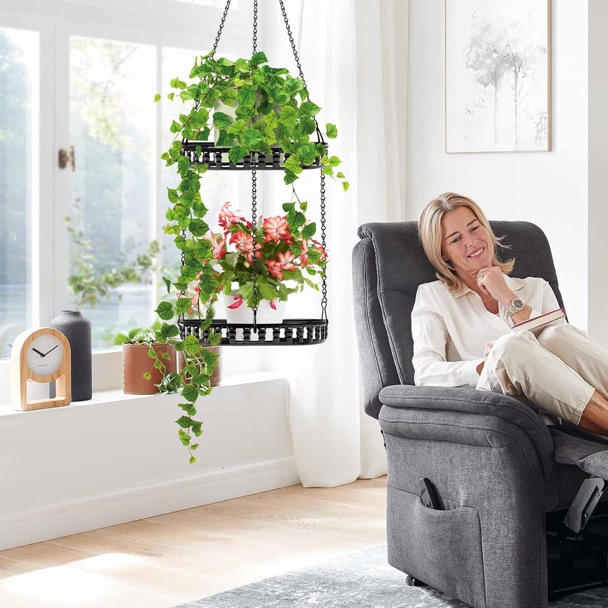 Plant Hanger Indoor Outdoor, 2 Tier Hanging Planter Hanging Plant Shelf, Metal Hanging Plant Holder