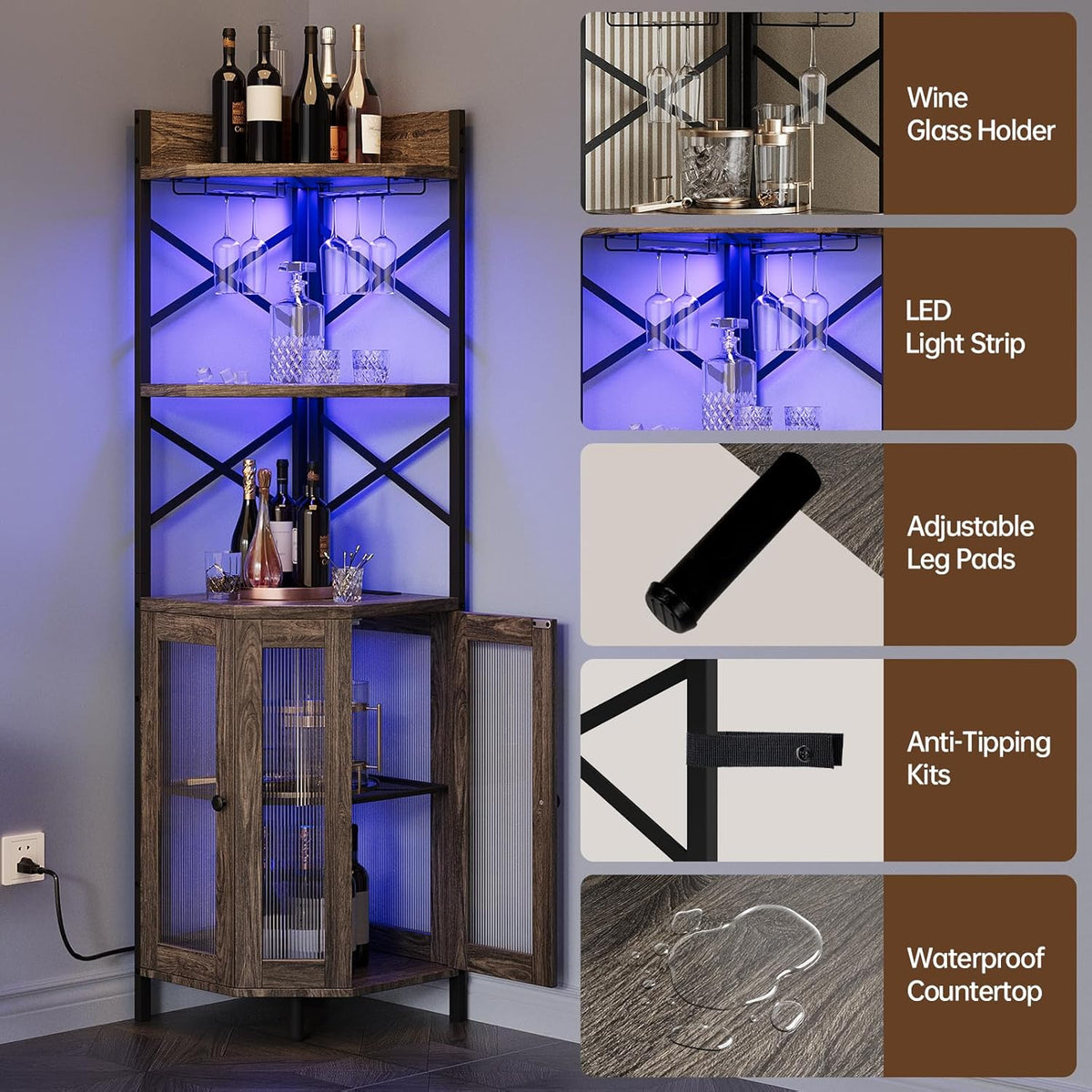 Corner Bar Cabinet with Power Outlet, 5-Tier Corner Wine Cabinet with Led Strip and Glass Holder