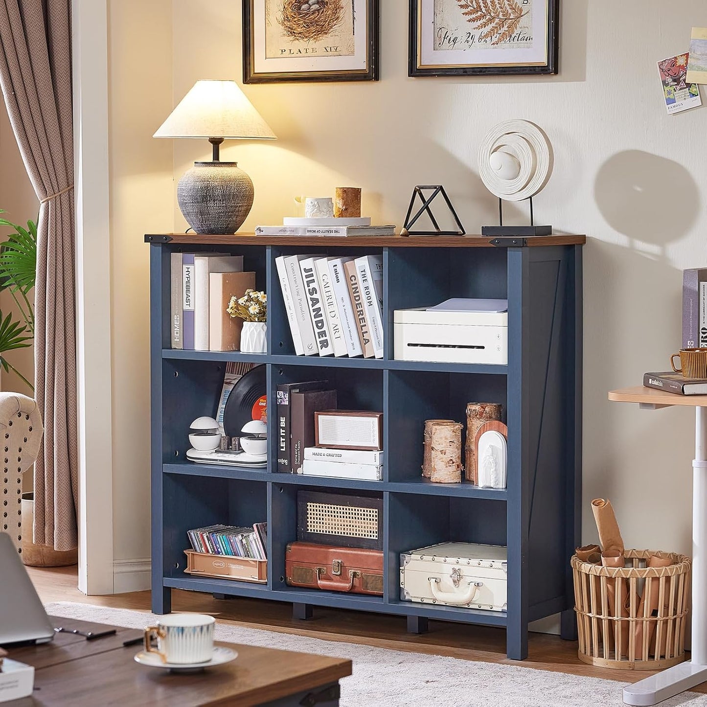 9 Cube Bookcase, Farmhouse 47 Inch Wide Navy Blue Bookshelf, Wooden 3 Tier Display Large Open Book