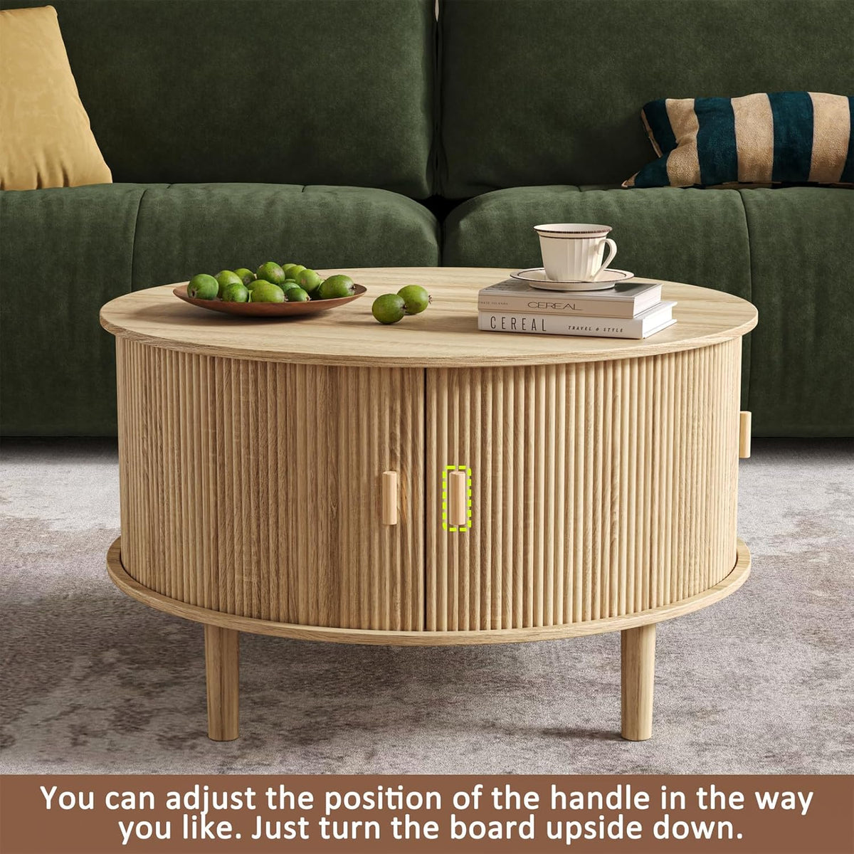 Round Coffee Table with Storage,Fluted Table with 360°Curved Sliding Doors,Solid Wood Legs, Mid