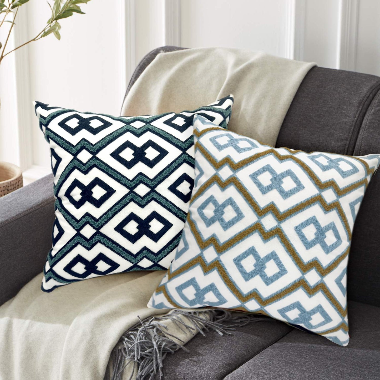 Alysheer Embroidered Decorative Throw Pillow Cover 18"x 18" Set of 2, Classic Boho Geometric