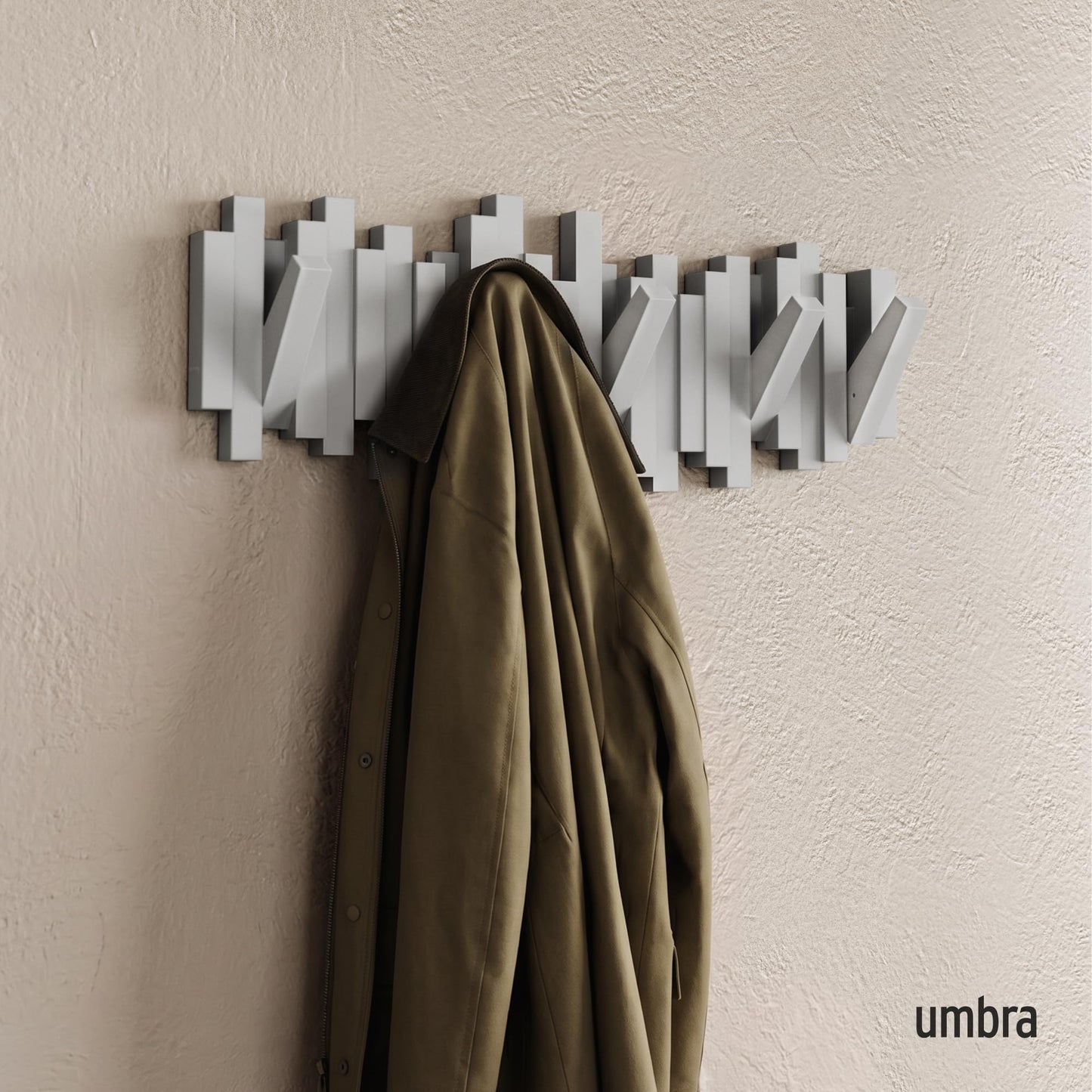 Umbra Sticks Wall Mount Coat Rack, 5 Hook Retractable Pegs, Grey