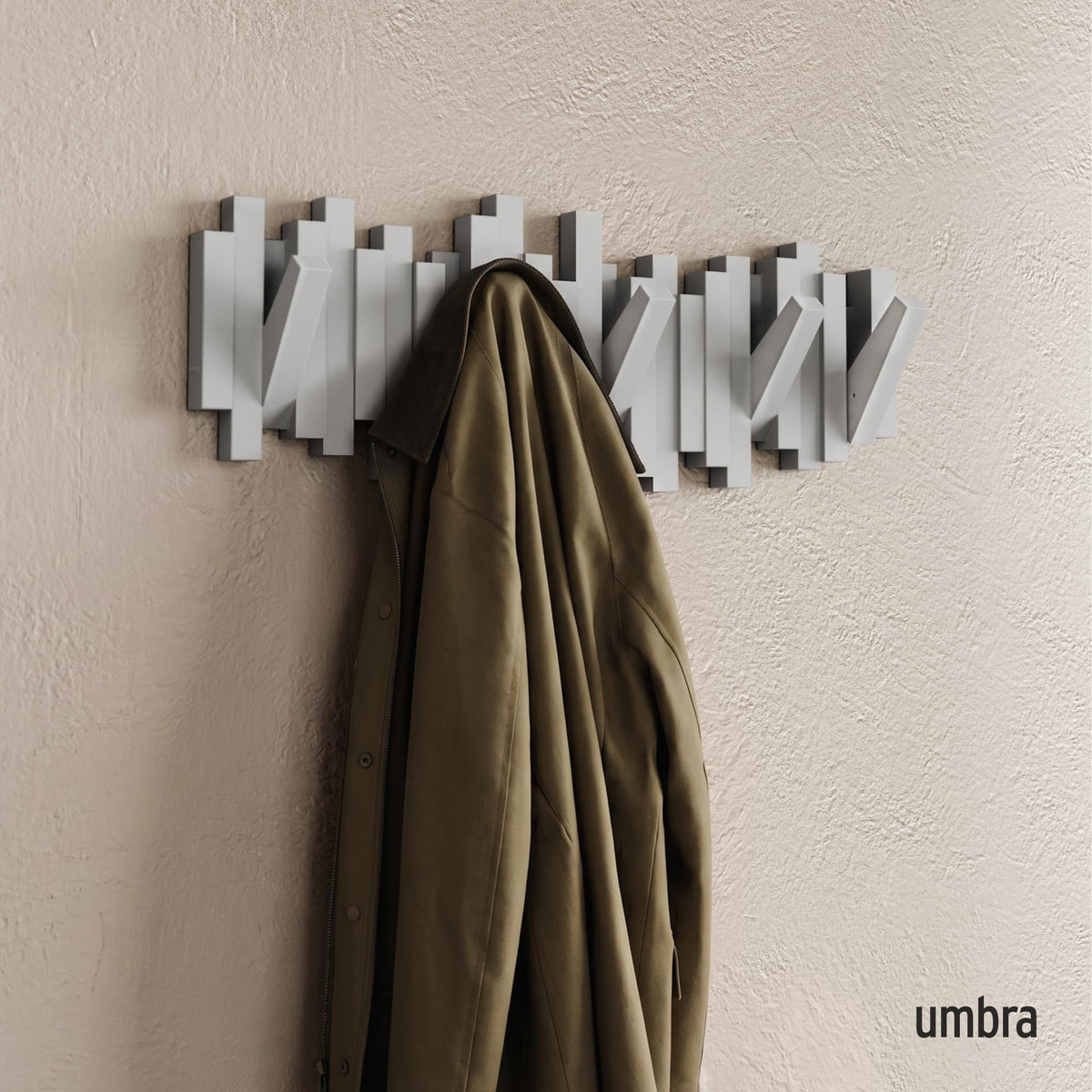 Umbra Sticks Wall Mount Coat Rack, 5 Hook Retractable Pegs, Grey