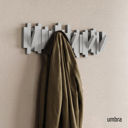 Umbra Sticks Wall Mount Coat Rack, 5 Hook Retractable Pegs, Grey