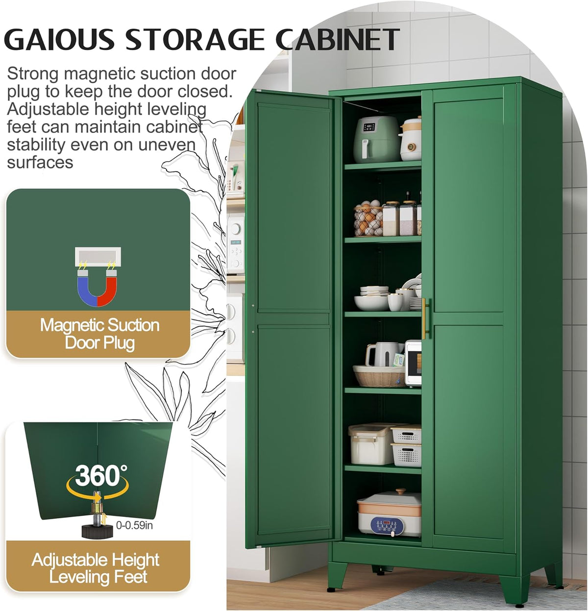 75.2" Tall Kitchen Food Pantry, Pantry Cabinet with 2 Door and 5 Adjustable Shelves, Green Laundry