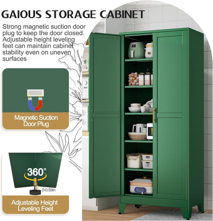 75.2" Tall Kitchen Food Pantry, Pantry Cabinet with 2 Door and 5 Adjustable Shelves, Green Laundry