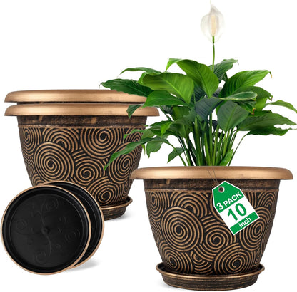 10 Inch Flower Pots Planters for Indoor Outdoor Plants, 3 Pack Plastic Large Plant Pots with