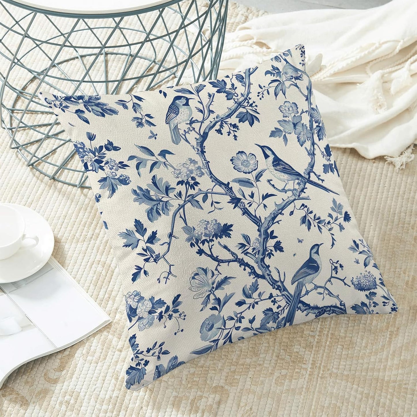 CXMEIFLY Spring Floral Pillow Covers 18 x 18 Inch Set of 2 for Navy Blue Chinoiserie Flowers Bird