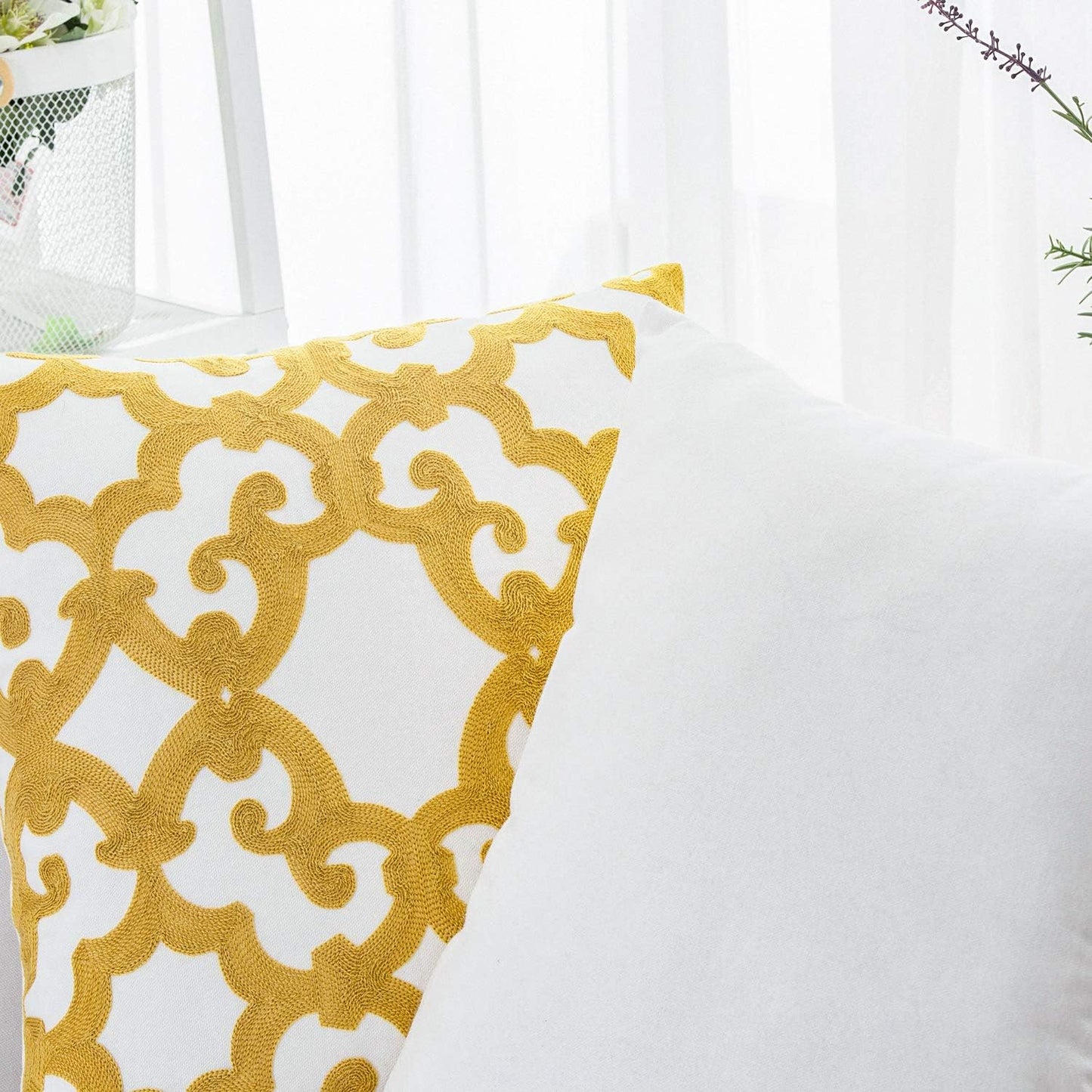 HWY 50 Mustard Yellow Decorative Throw Pillow Covers 18x18 Inch (1 Piece), Embroidered Cotton