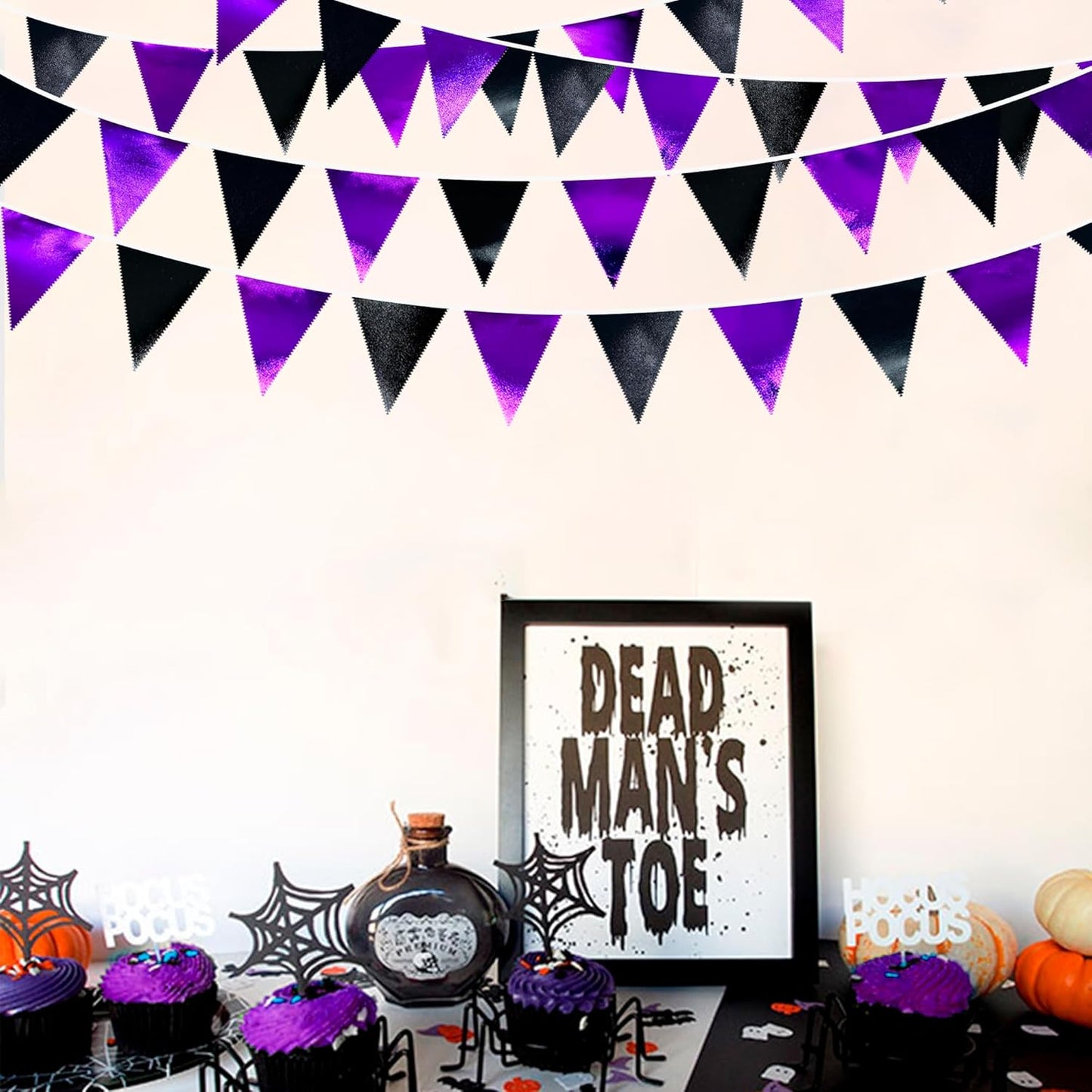 Purple and Black Party Decorations Metallic Fabric Triangle Pennant Banner Flag Bunting Garland for
