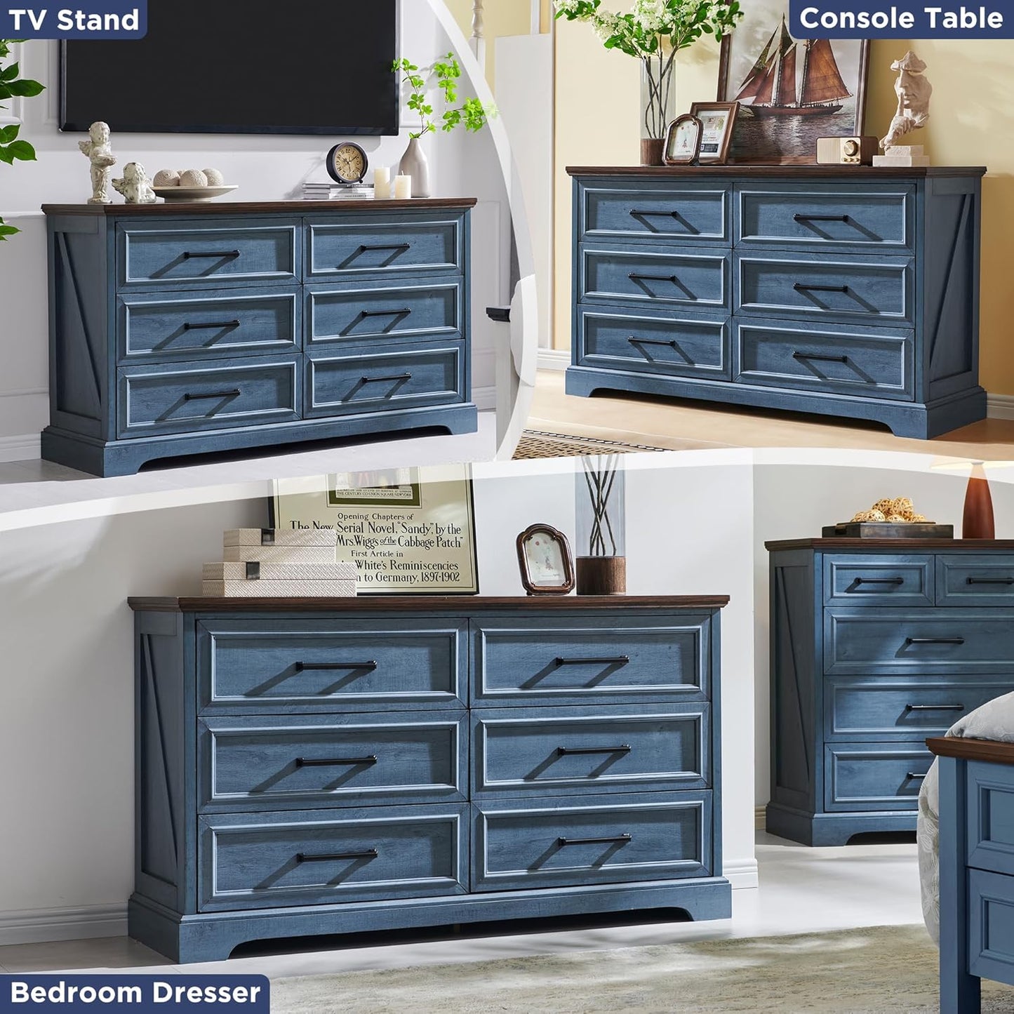 Farmhouse 6 Drawer Dresser for Bedroom, 52 Inch Wide Modern Dresser TV Stand with Large Drawers &