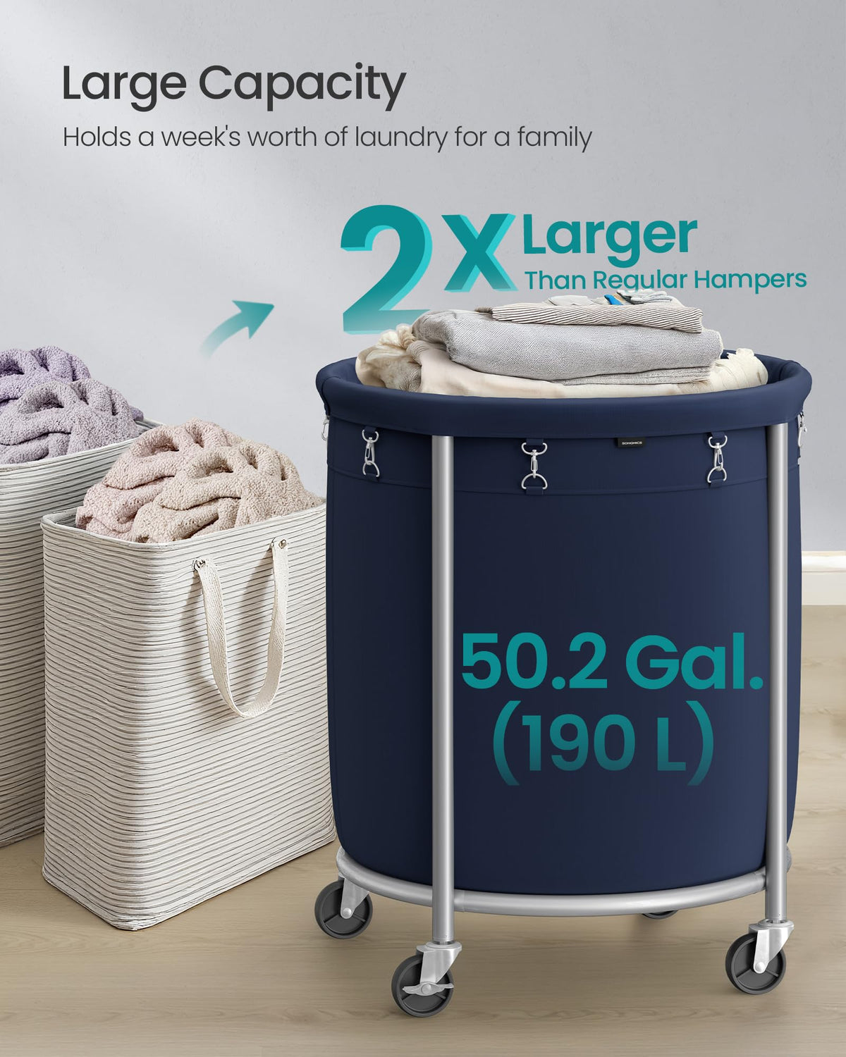SONGMICS Laundry Basket, Rolling Steel Frame with 2 Locking Wheels, 190 L