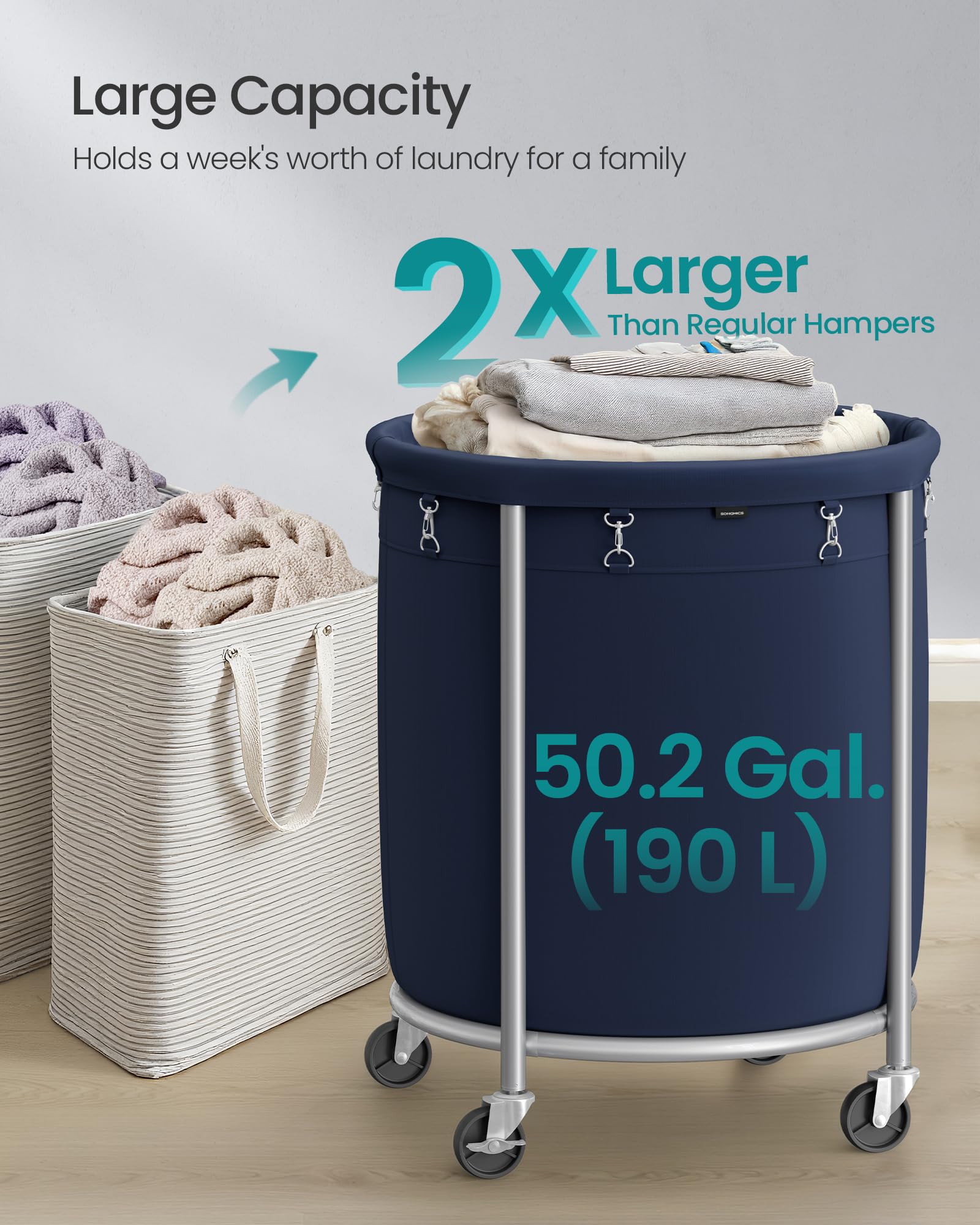 SONGMICS Laundry Basket, Rolling Steel Frame with 2 Locking Wheels, 190 L