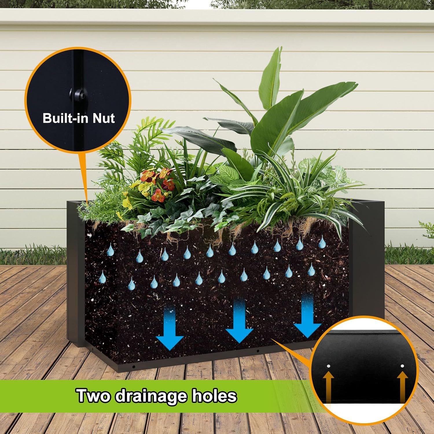 Galvanized Steel Planter Black Metal Outdoor Planter Powder Coated 32" x 12" x 16" Pot Metallic