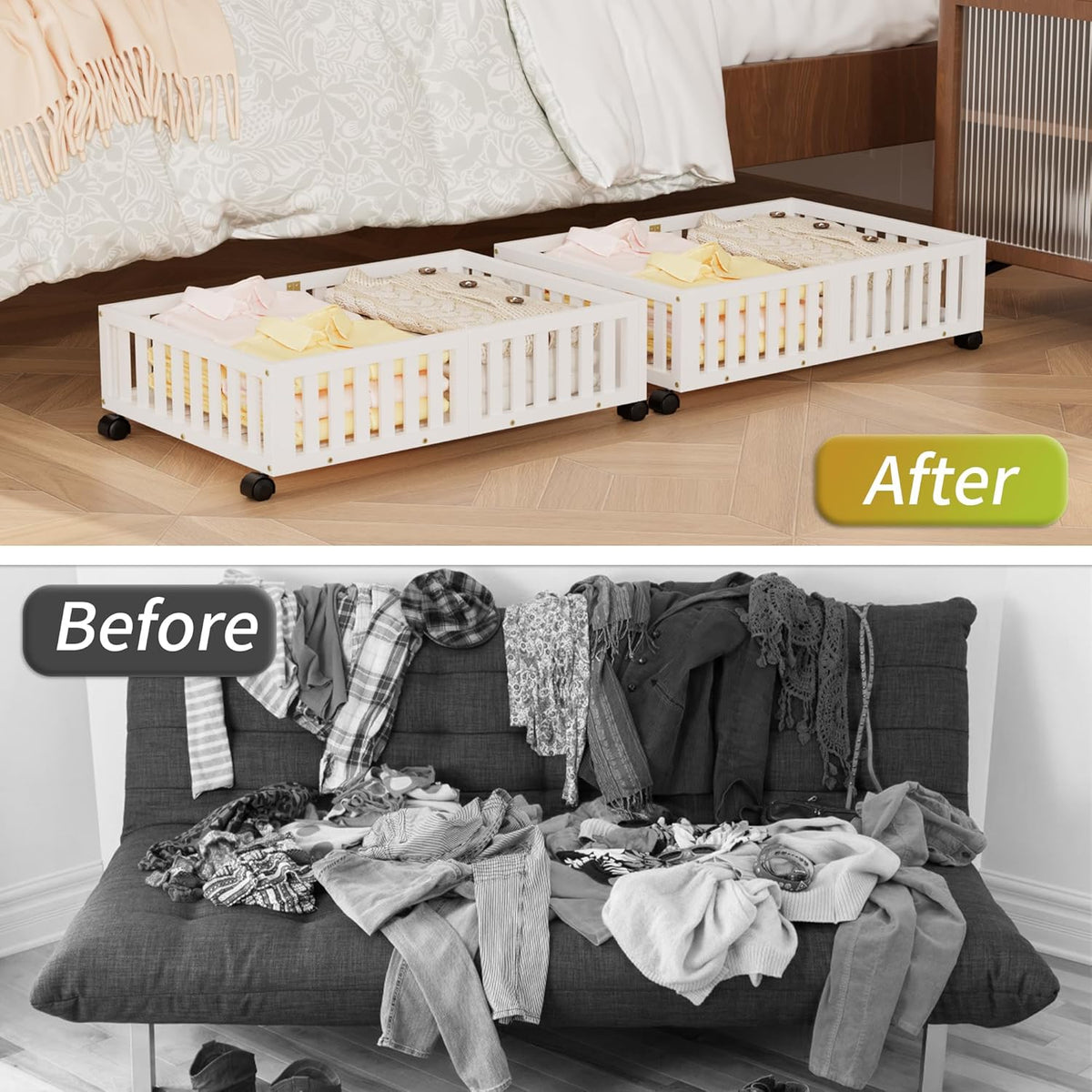 Bamboo Under Bed Storage with Wheels (2-Pack) – Rolling Underbed Shoe Organizer Box for Shoes