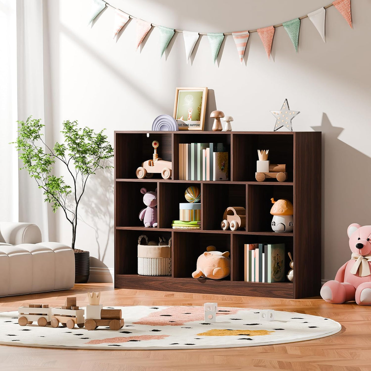 Cozy Castle Brown Bookshelf, 3-Tier Open Shelf Bookcase, 10 Cube Storage Organizer with Anti-Tilt