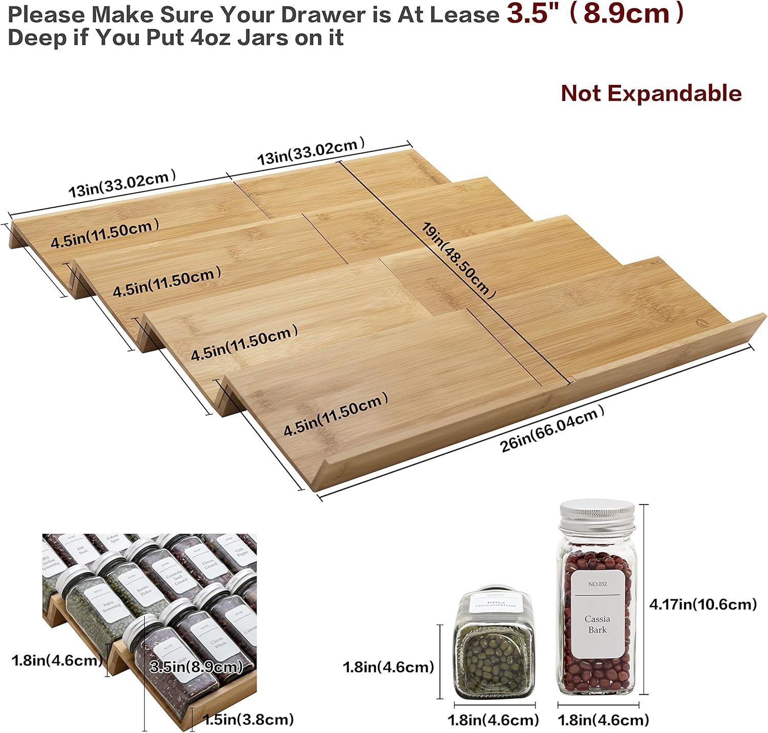 Bamboo Spice Rack Drawer Organizer - 8-Piece Set - 13" Wide Per Piece - Combine Into 26" Wide Rack
