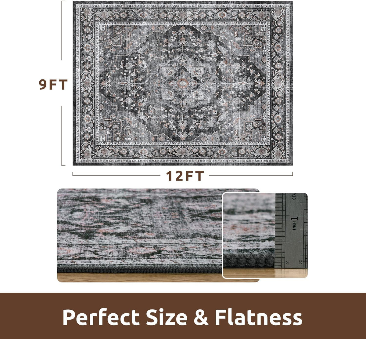 AMOAMI-Area Rug 9X12 Rugs for Living Room-Vintage Soft Black Rugs for Bedroom-Non Slip