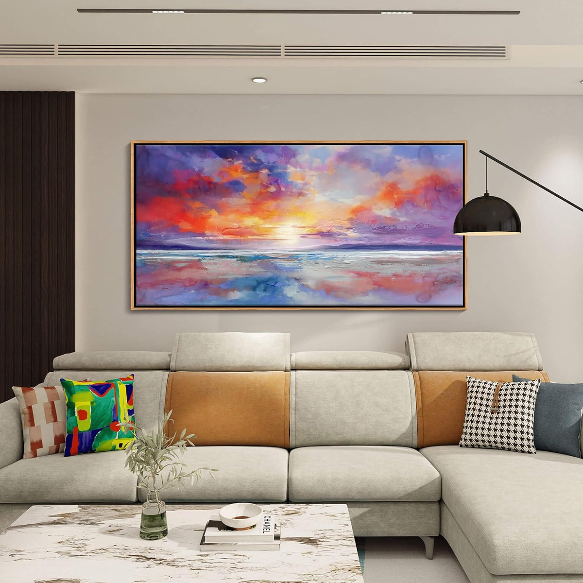 DUNHUANG ART Vibrant Ocean Sunset Canvas Wall Art - Beach Decor & Sunrise Poster - Red Scenery