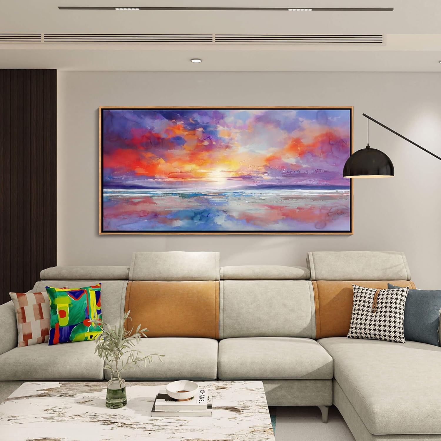 DUNHUANG ART Vibrant Orange Sunset Wall Art - Colorful Ocean Abstract Beach Decor for Living Room &