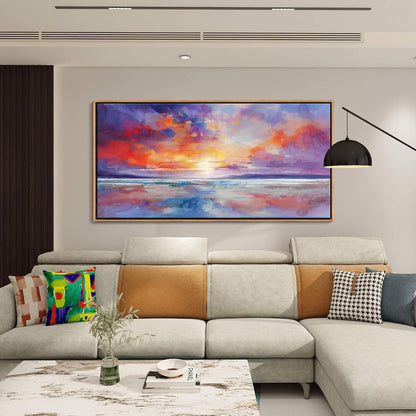 DUNHUANG ART Vibrant Orange Sunset Wall Art - Colorful Ocean Abstract Beach Decor for Living Room &
