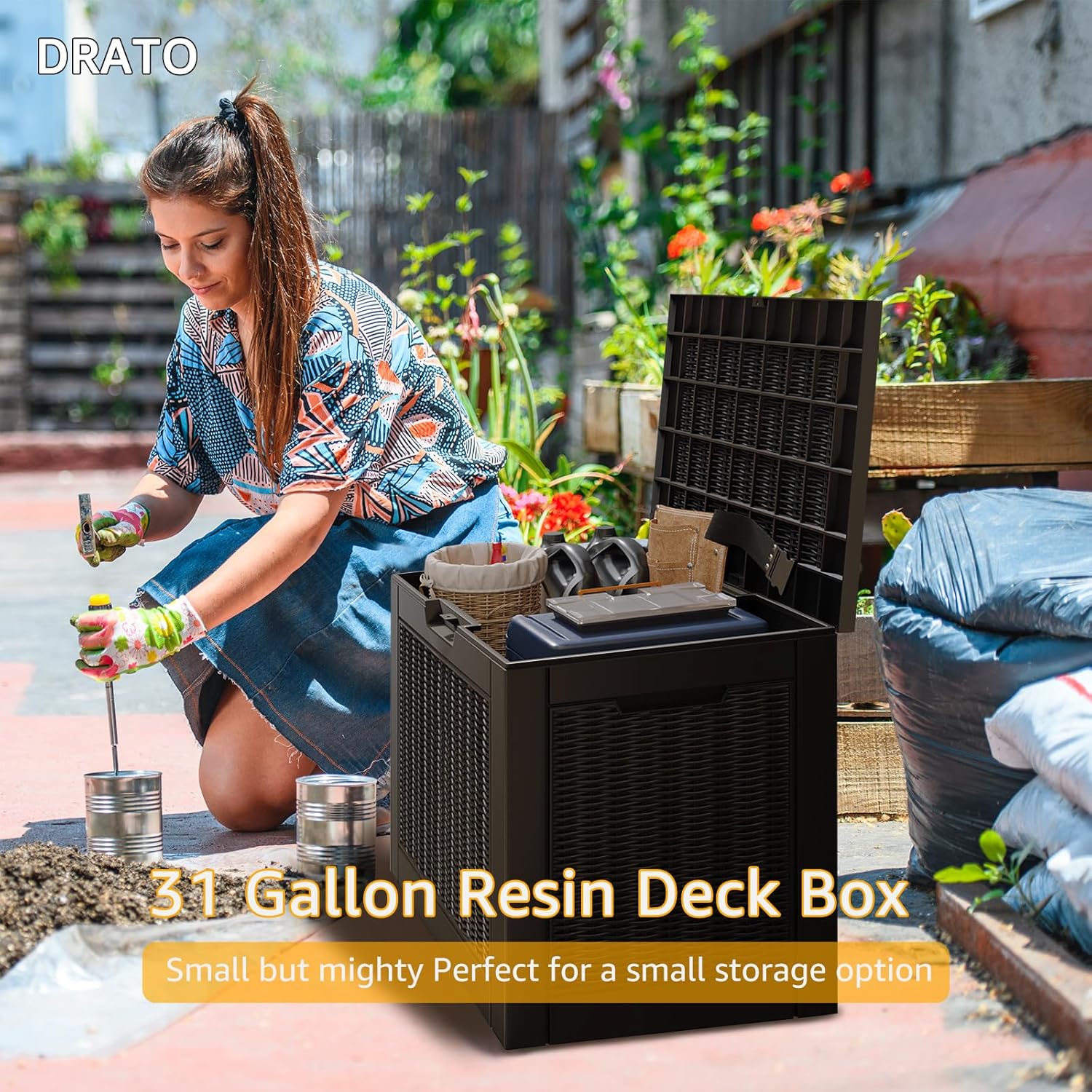 DRATO 31 Gallon Deck Box, Outdoor Storage Box for Patio Cushion, Sports Equipment, Garden Tools