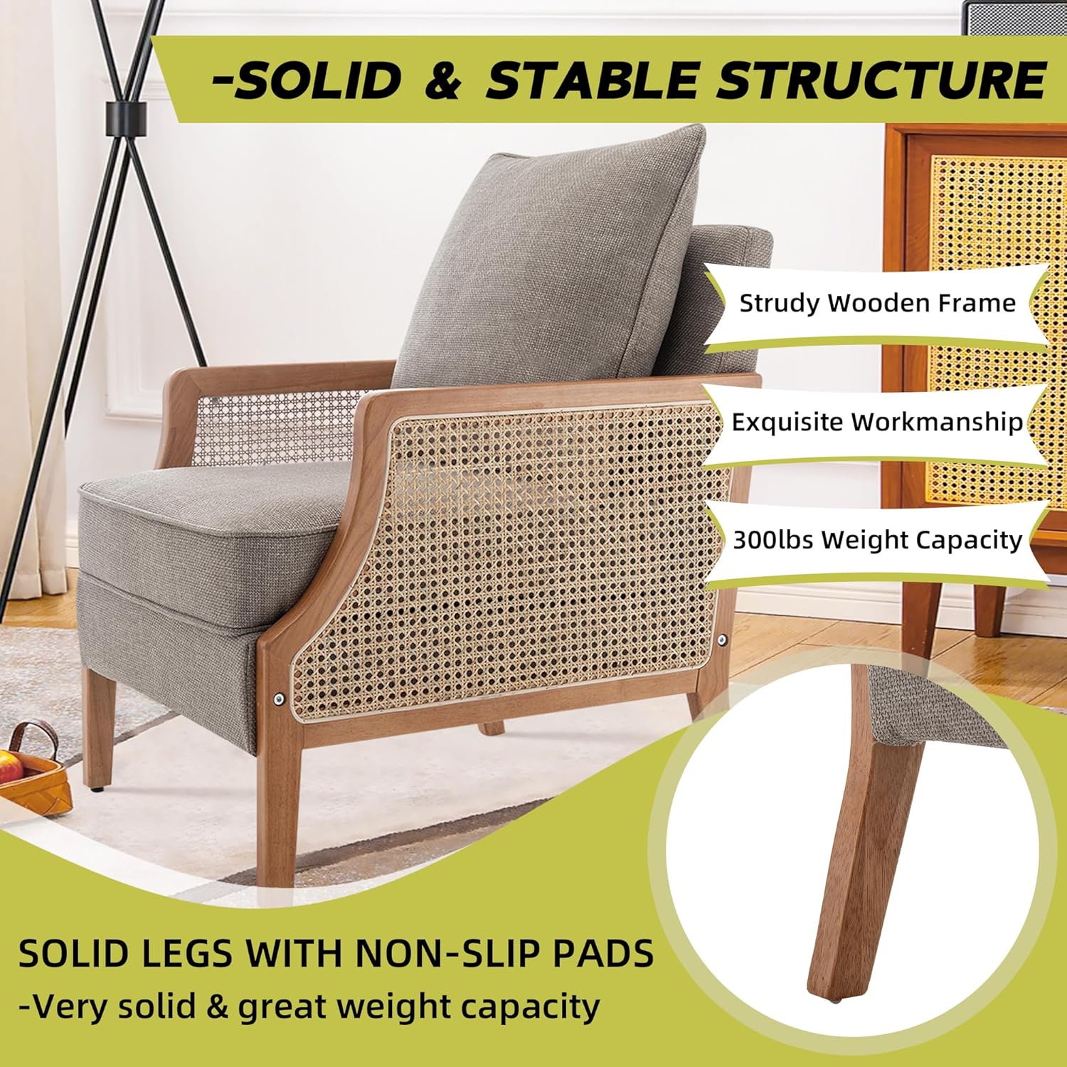 HAOBO Home Mid Century Modern Accent Chair Upholstered Living Room Chairs Armchair with Rattan