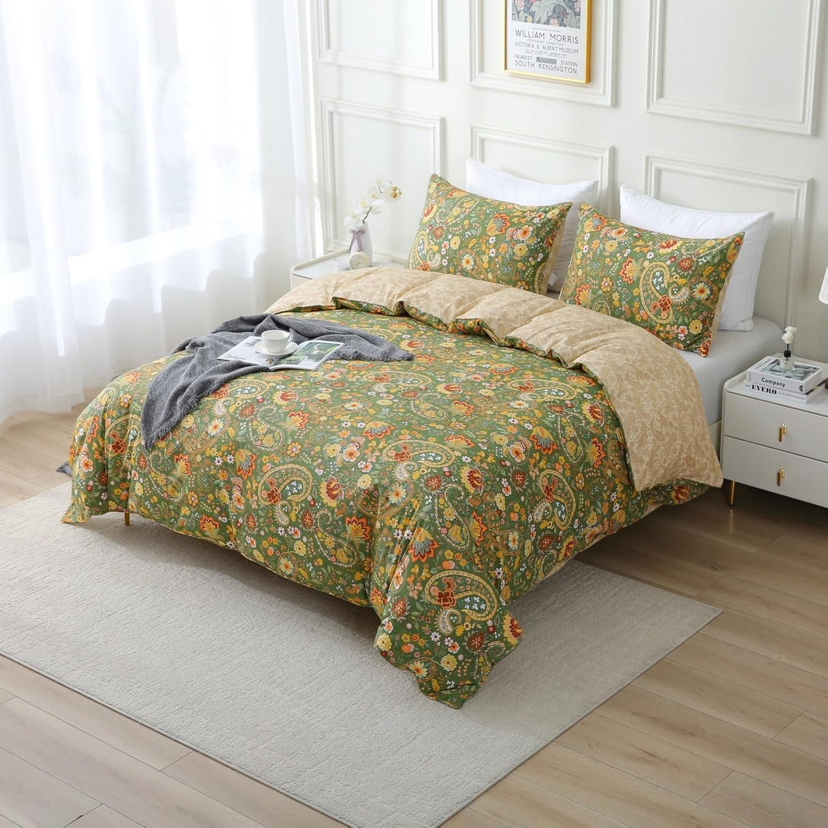 ABREEZE Paisley Bedding Sets 3Pcs Brushed Cotton Duvet Cover Set Queen Size Rustic Damask Green