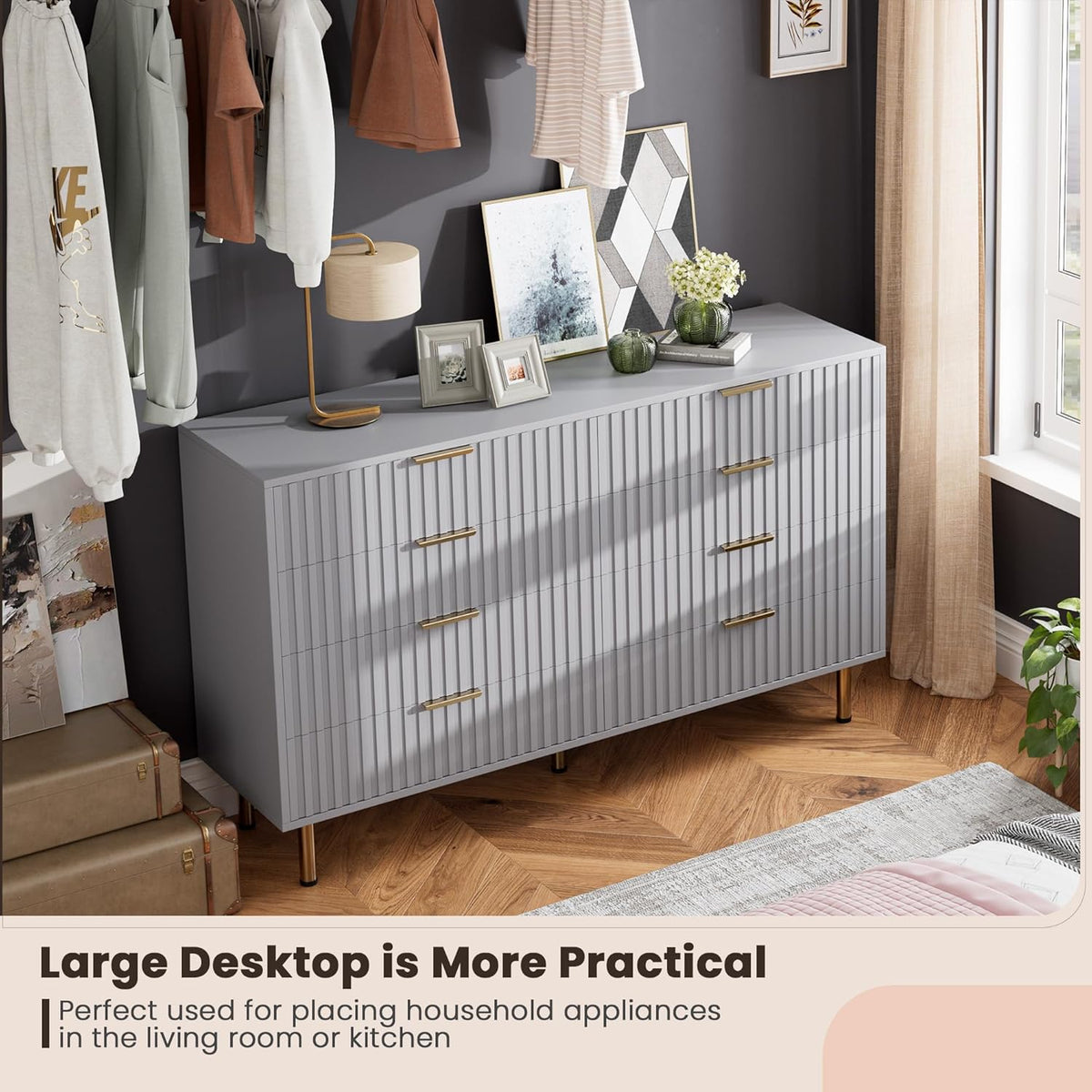 8 Drawer Dresser for Bedroom, Fluted 55" Wide Modern Chest of Drawers with Deep Drawers, Long Large