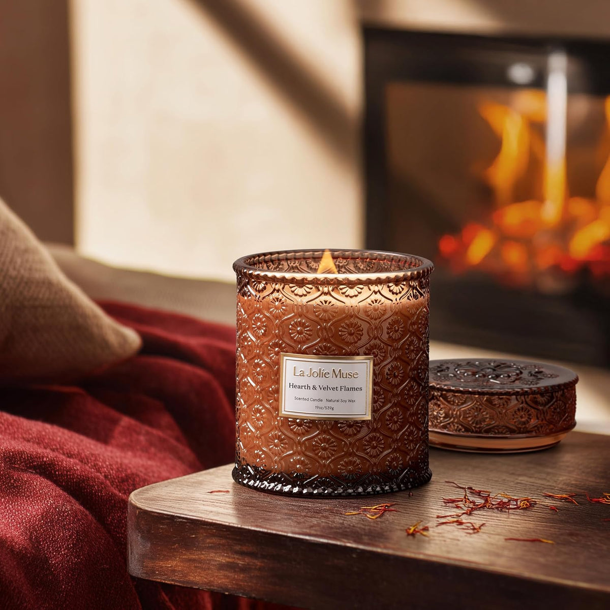 LA JOLIE MUSE Hearth & Velvet Flames Candle - Saffron, Clove, Vanilla | 19 oz Large Wooden Wick