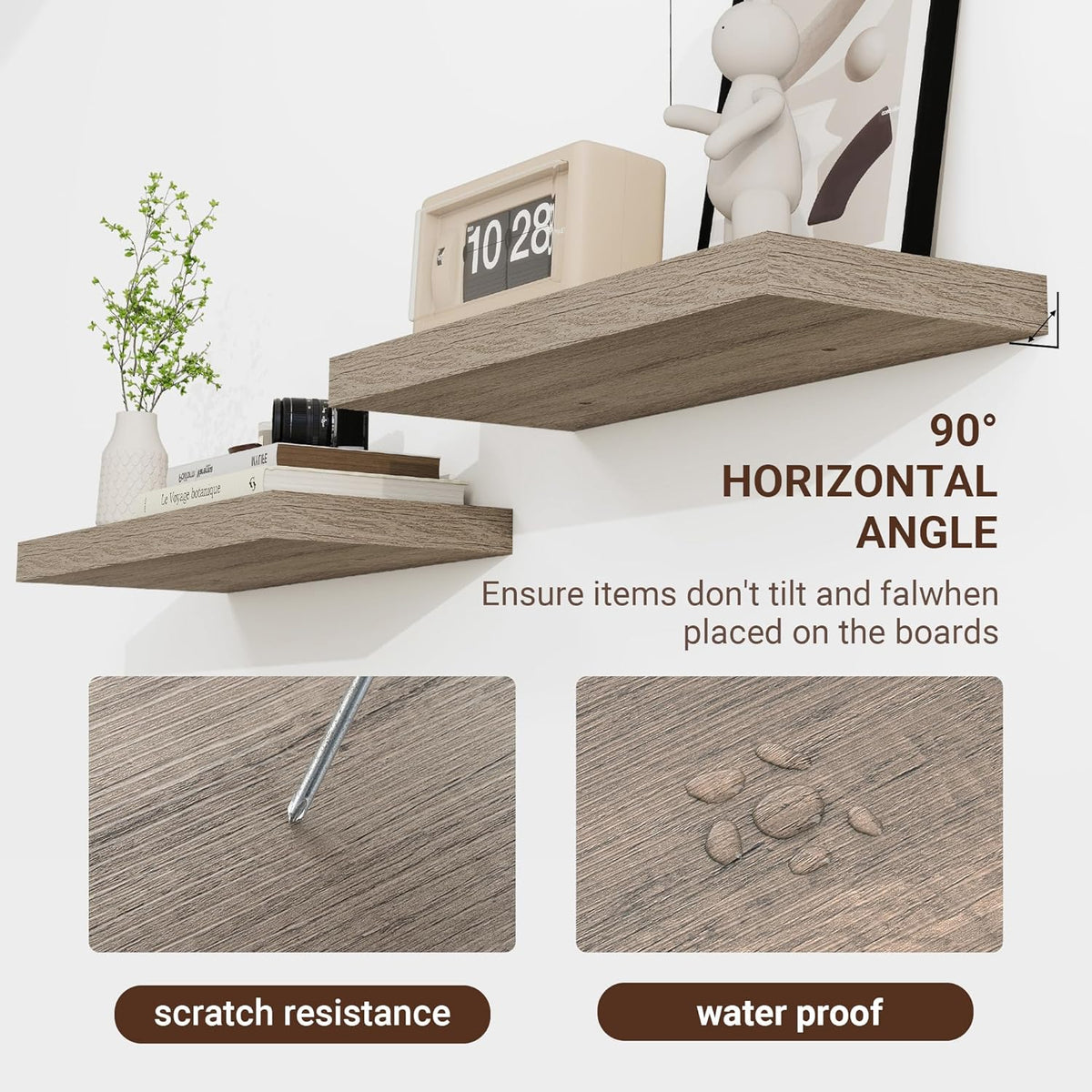 16 Inch Floating Shelves, 3D Textured Wood Grain, 16"x9.25"x1.5" Inch Deep Floating Shelves for