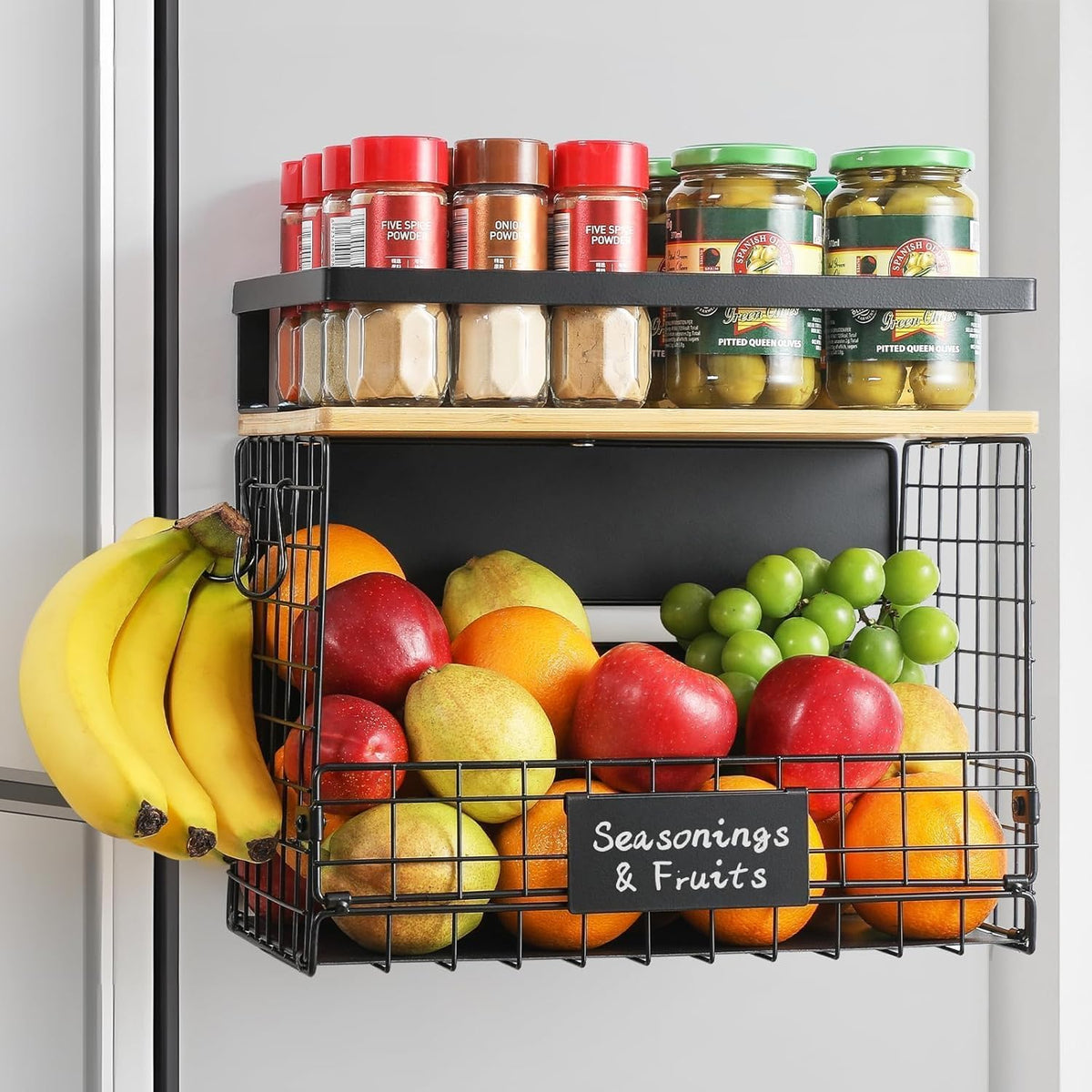 [WIDER Shelf]1 SET Strong Magnetic Shelf Basket for Fridge with Tag & Bamboo Top, XXL Large