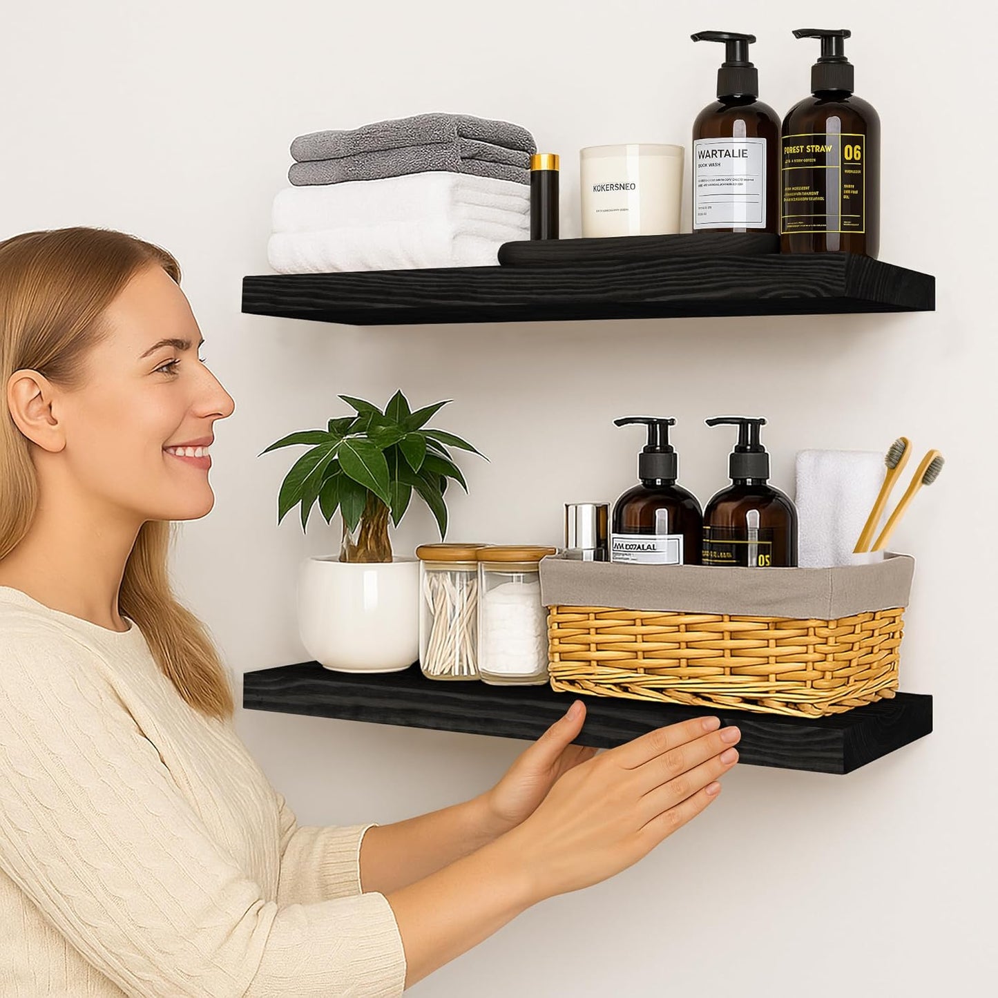 BGMG Wood Floating Shelves for Wall 30 inch Set of 2,Black Floating Shelves,Solid Wood Wall Mount