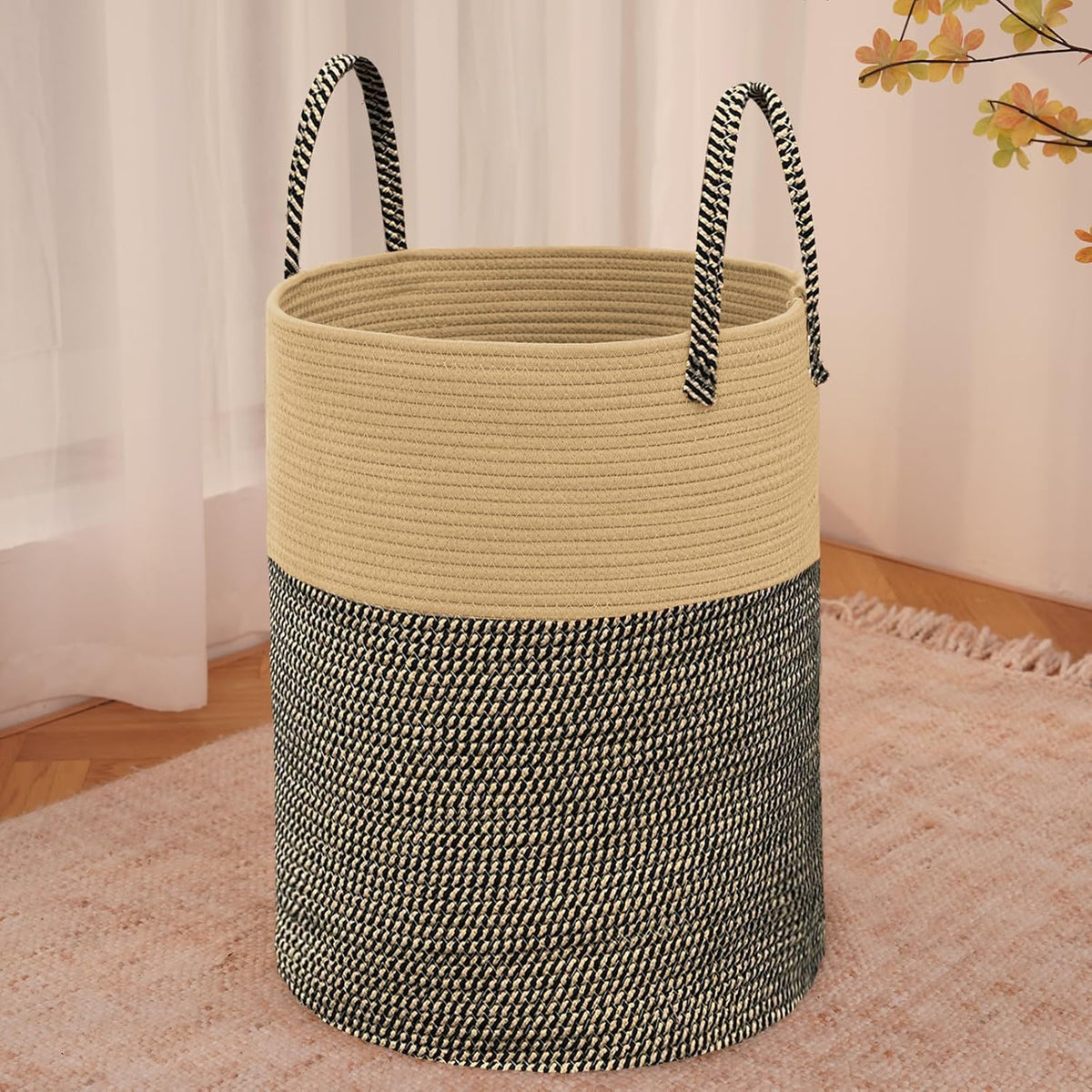 Large Woven Laundry Basket Hamper,80L Cotton Rope Storage Bin for Blankets,Toys and