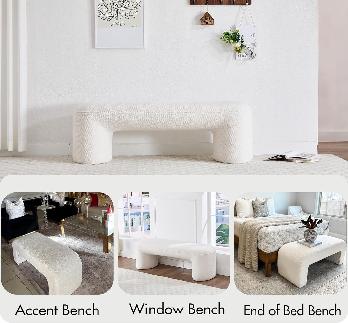 3-Piece 53" Comfy Upholstered Dining Bench with 2 Ottomans, Accent Waterfall Bench Modern End of