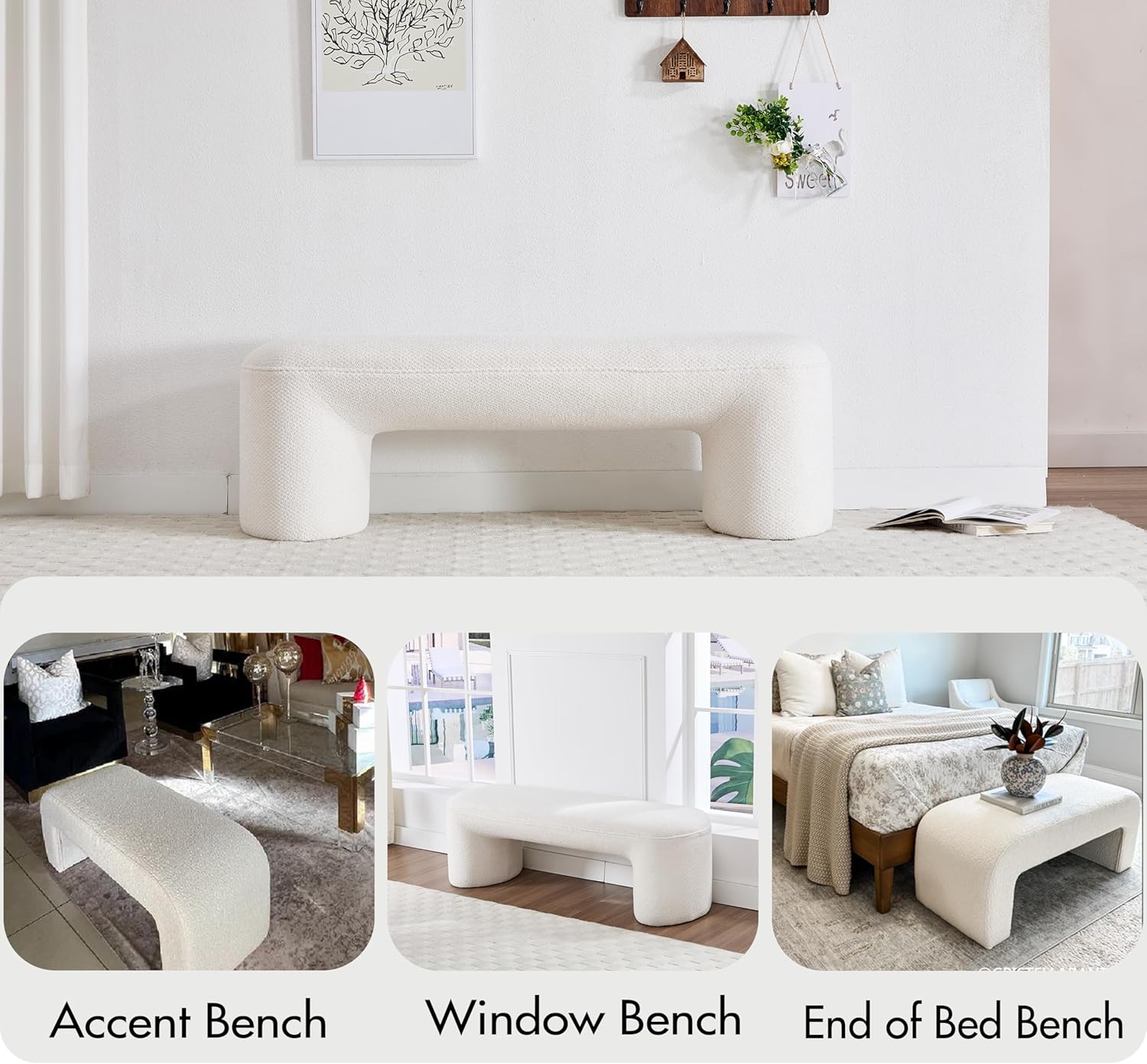 3-Piece 53" Comfy Upholstered Dining Bench with 2 Ottomans, Accent Waterfall Bench Modern End of