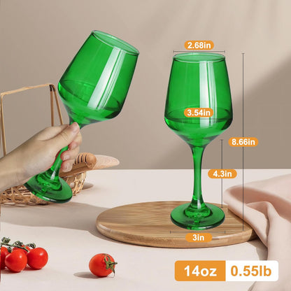 Green Wine Glasses Set of 6-14oz Long Stem Wine Glass, Pretty Crystal Glassware, Hand Blown Goblets