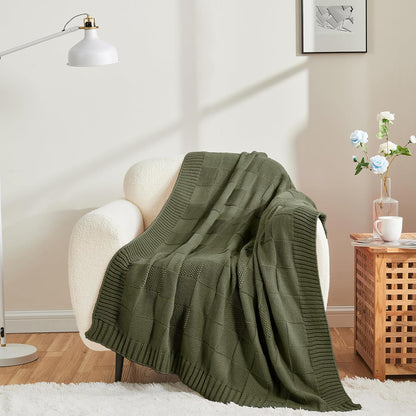 CozeCube Check Knit Throw Blanket, Olive Green Checkered Throw for Couch, Decorative Christmas Soft