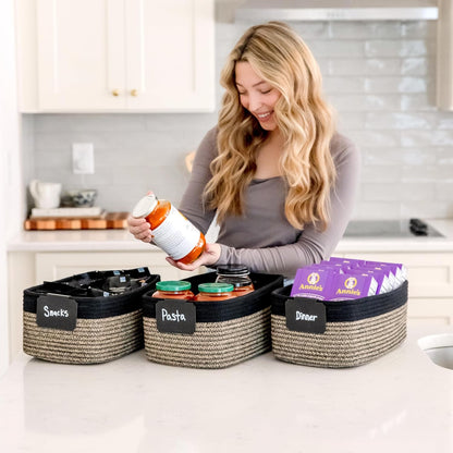 NaturalCozy 13.5”x8.5”x5.5” Rectangle Storage Baskets for Shelves 3 Pack | Cotton Rope Woven Small