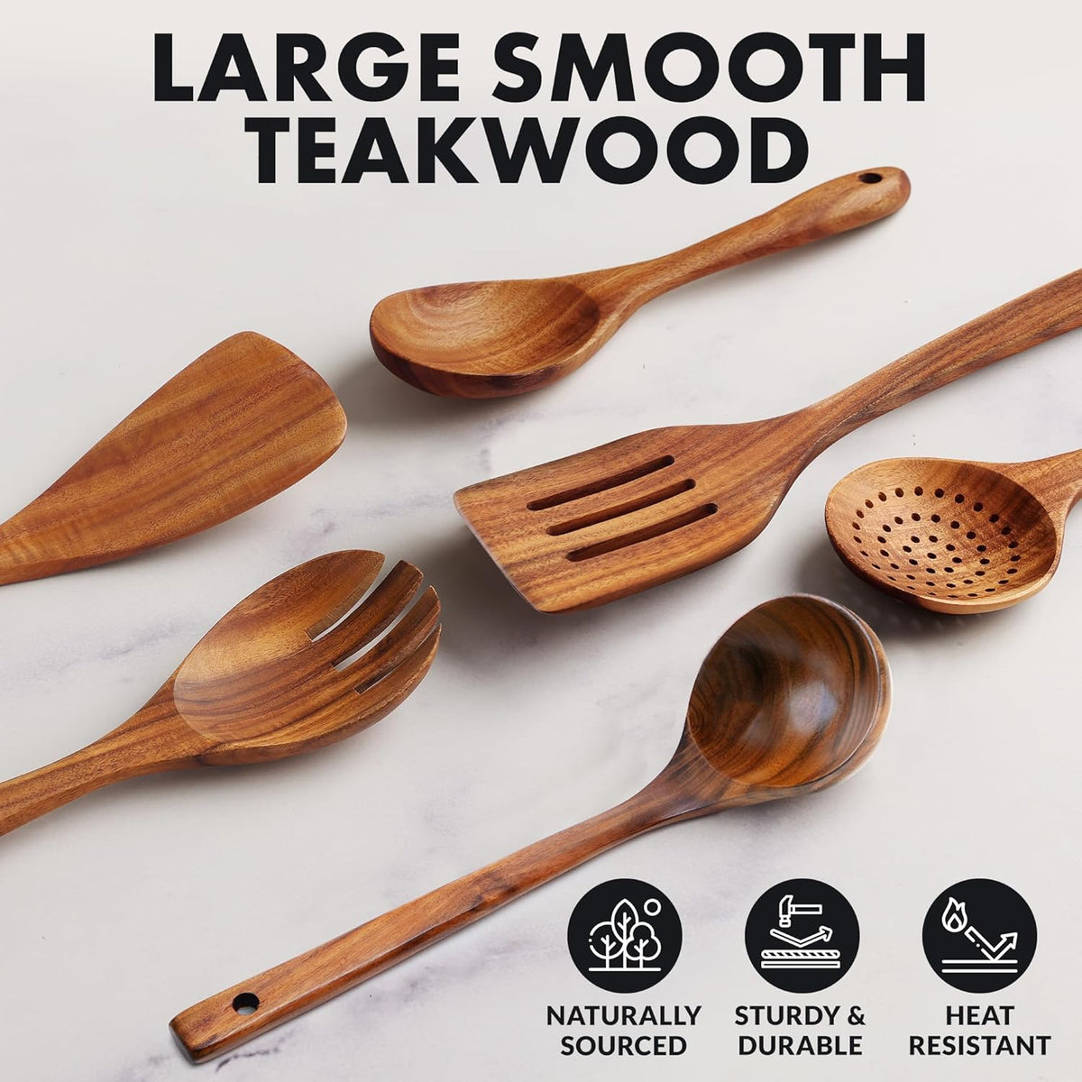Zulay Kitchen Extra-Large 6-Piece Wooden Spoon Set - Smooth Teak Cooking Utensils - Comfort-Grip