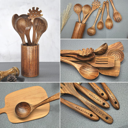 Wooden Spoons for Cooking,10 Pcs Natural Teak Wooden Kitchen Utensils Set Wooden Utensils for