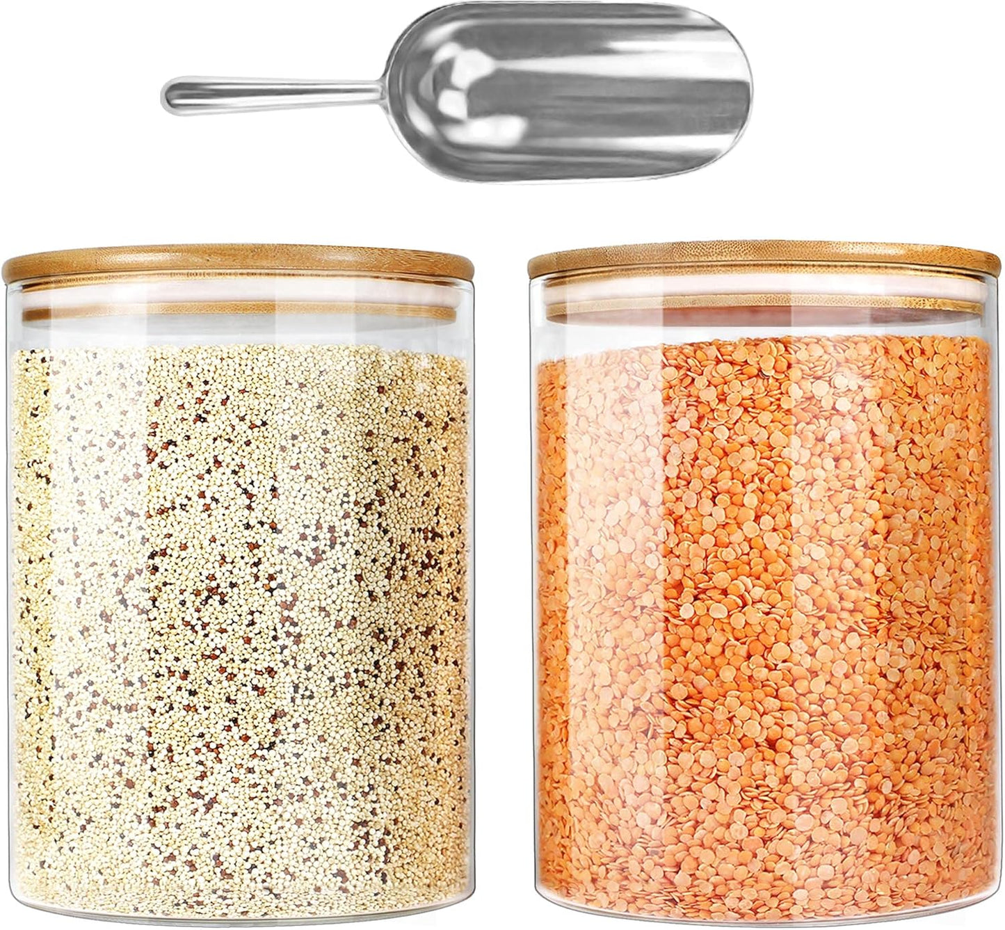 Urban Green Glass Jar with Bamboo Lids (2 sets 100oz) with Metal Scoop, Food Storage Containers