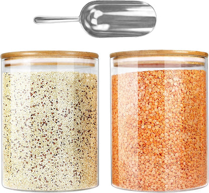 Urban Green Glass Jar with Bamboo Lids (2 sets 100oz) with Metal Scoop, Food Storage Containers